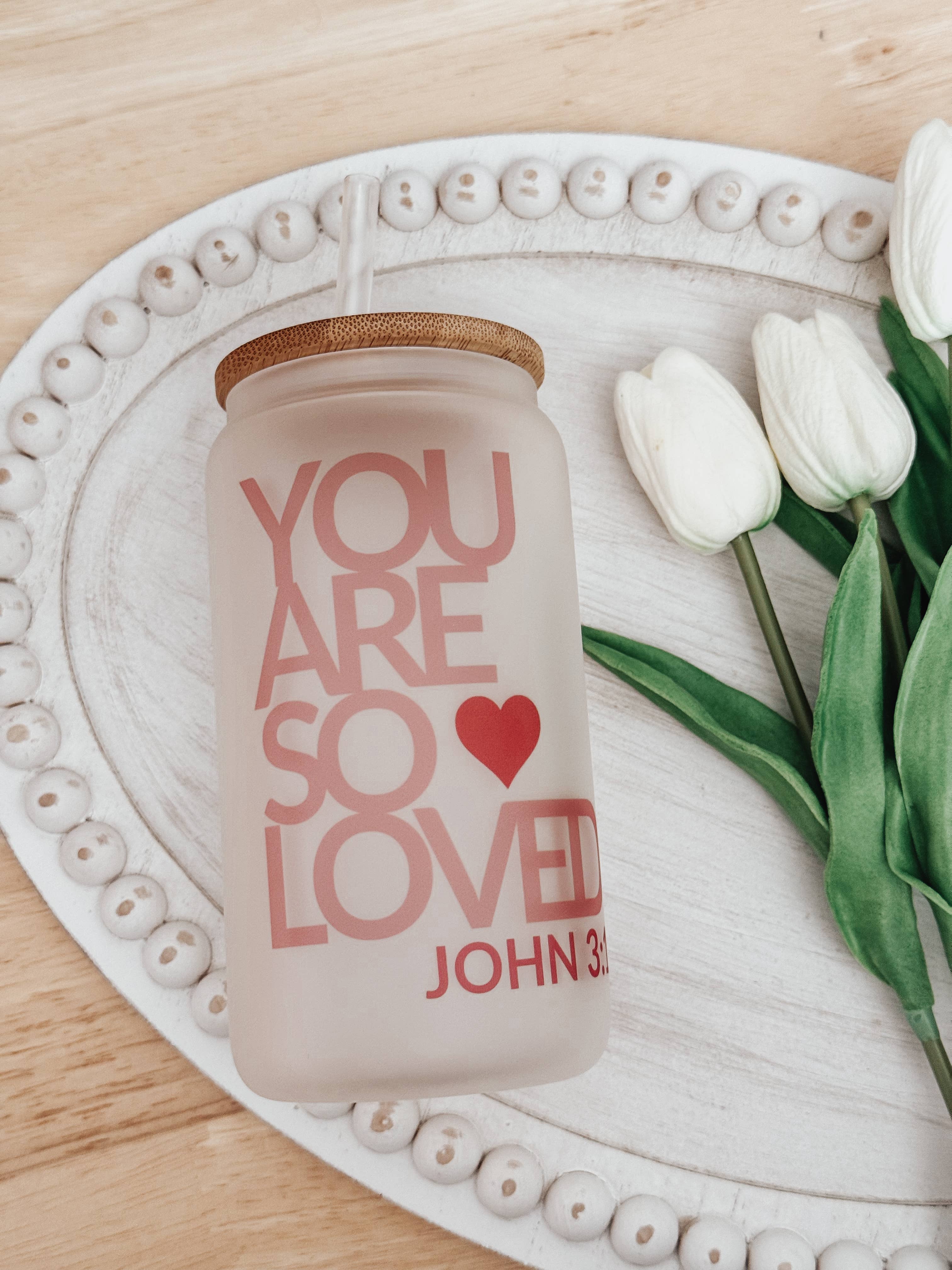Valentine’s John 3:16 16oz Glass Cup with Bamboo Lid