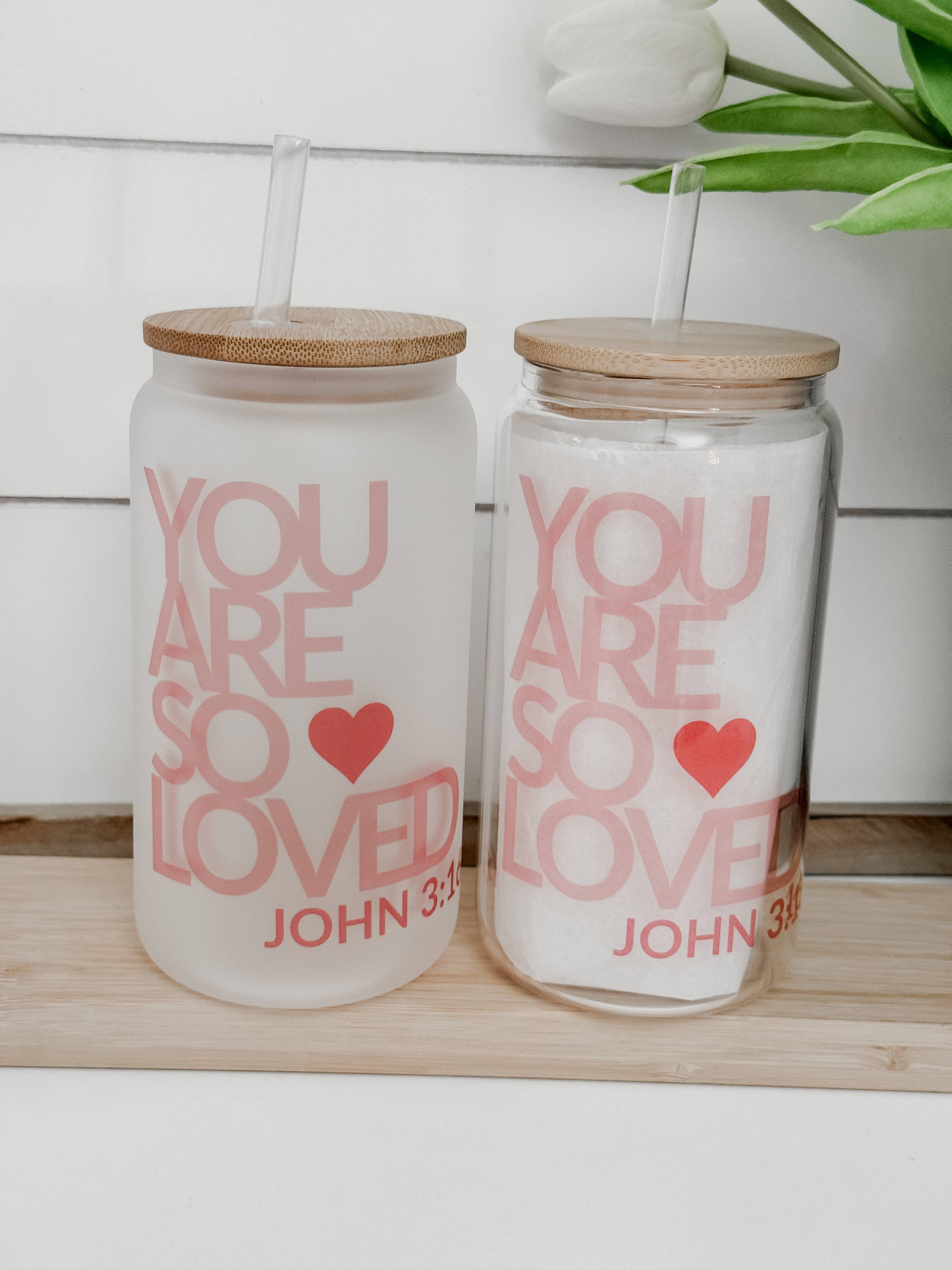 Valentine’s John 3:16 16oz Glass Cup with Bamboo Lid