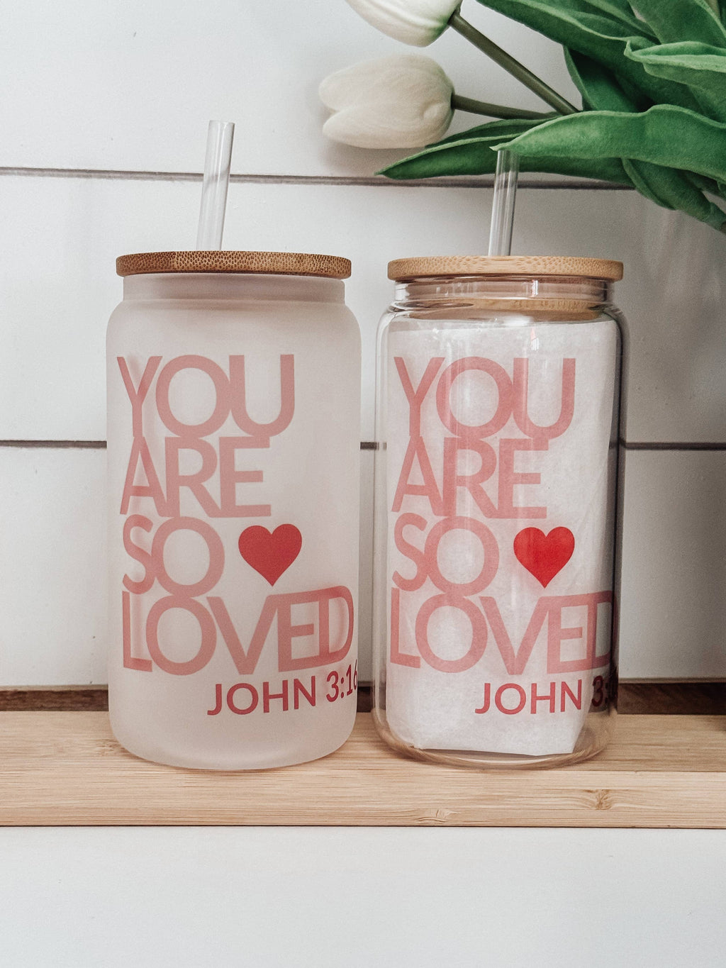Valentine’s John 3:16 16oz Glass Cup with Bamboo Lid