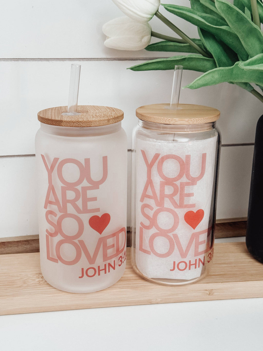 Valentine’s John 3:16 16oz Glass Cup with Bamboo Lid