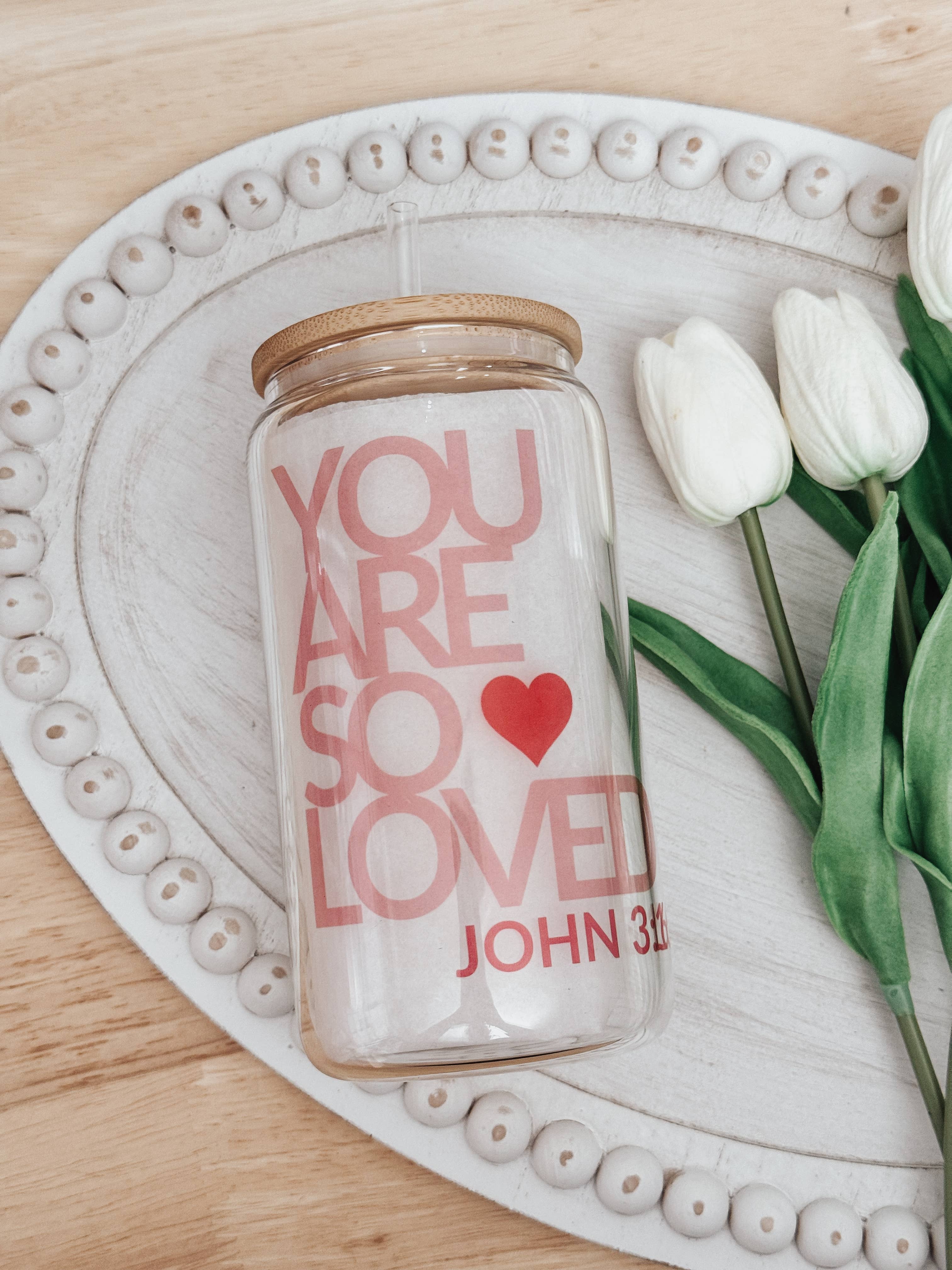 Valentine’s John 3:16 16oz Glass Cup with Bamboo Lid
