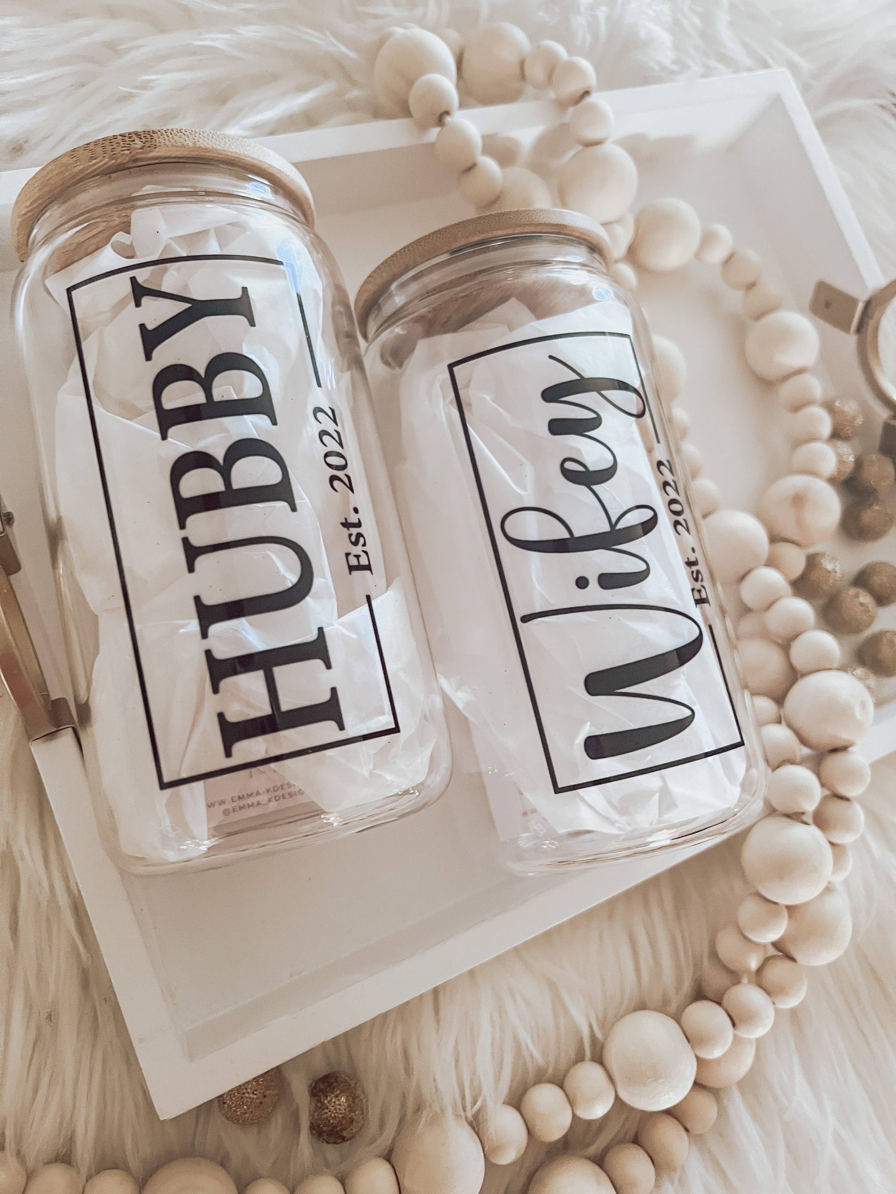 Wifey & Hubby 16oz Glass Cup with Bamboo Lid