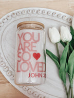 Valentine’s John 3:16 16oz Glass Cup with Bamboo Lid