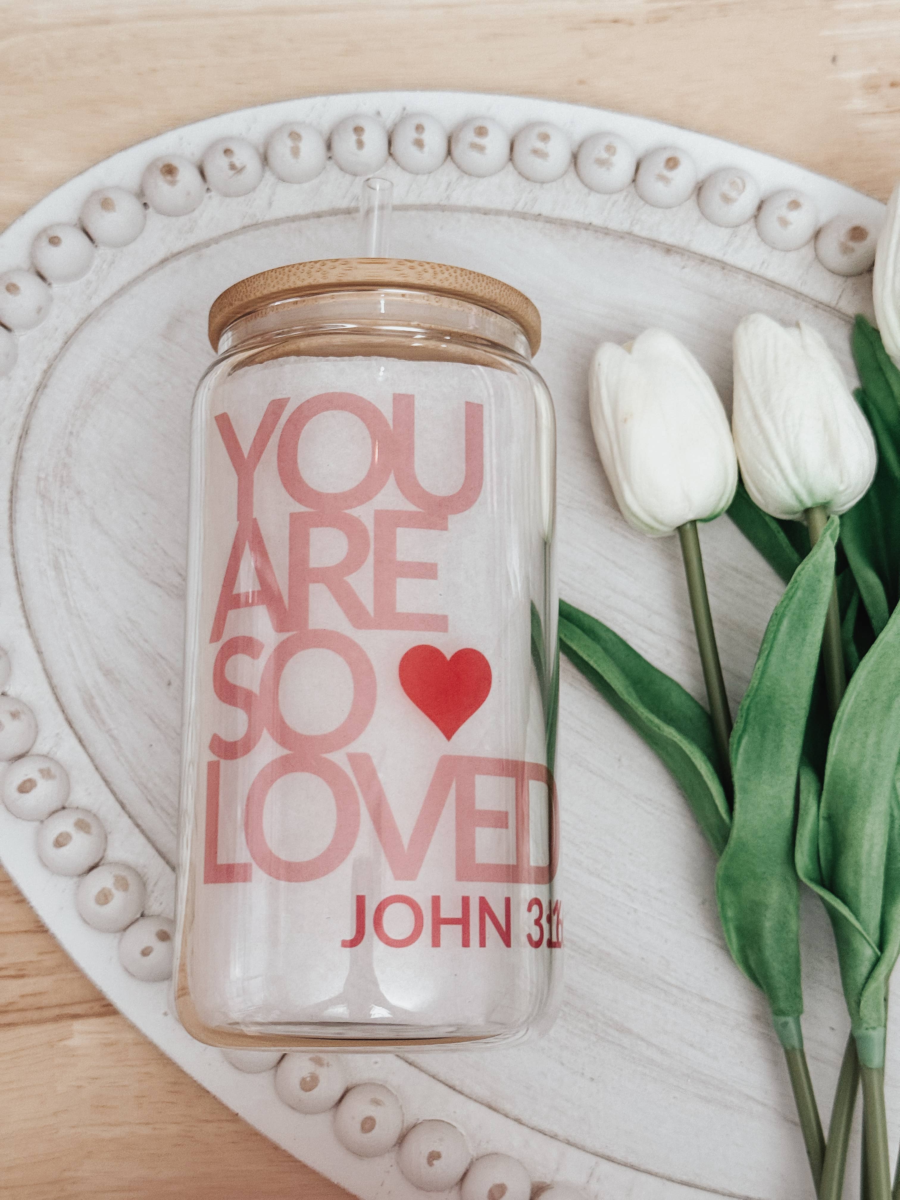 Valentine’s John 3:16 16oz Glass Cup with Bamboo Lid