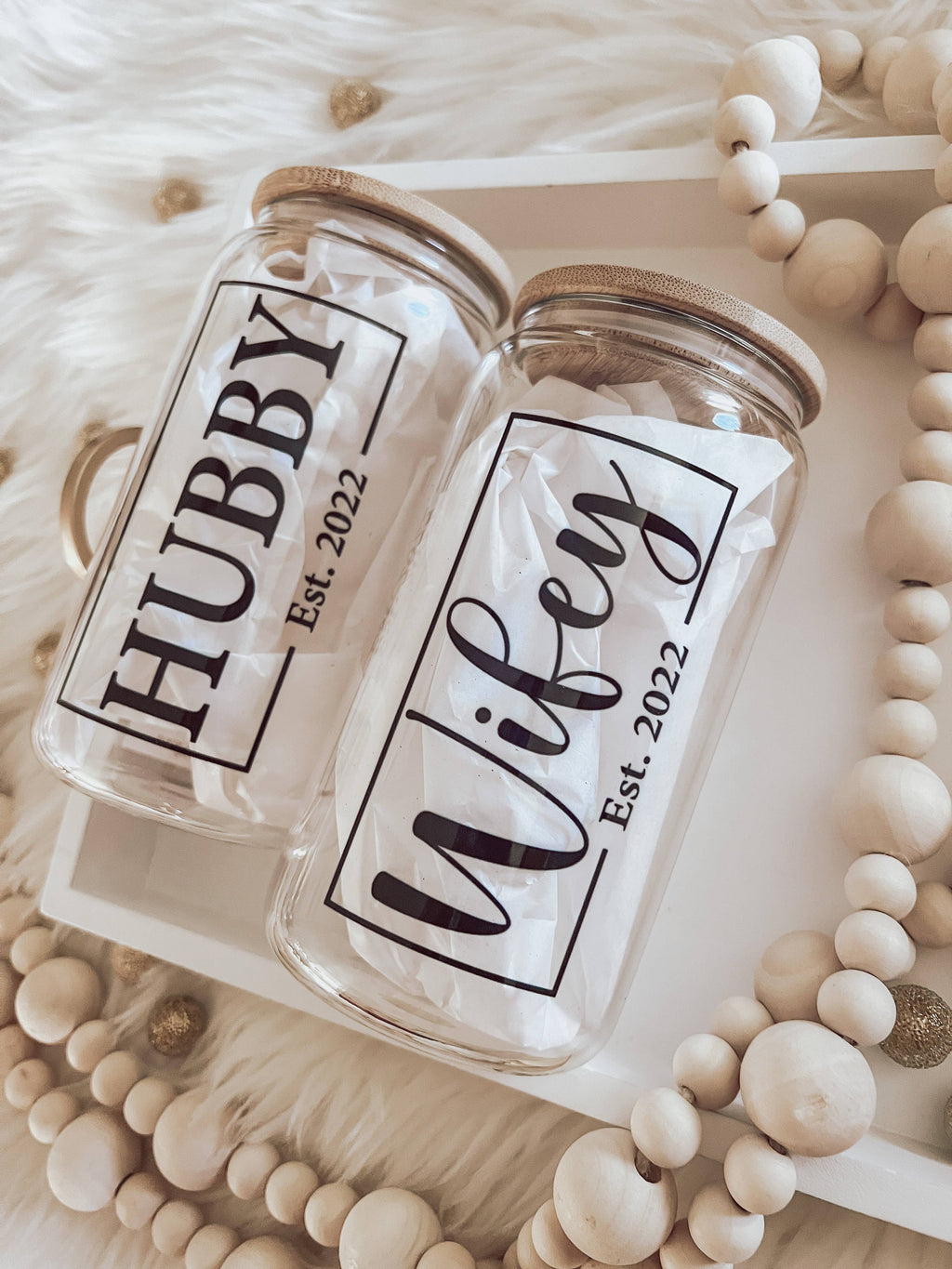 Wifey & Hubby 16oz Glass Cup with Bamboo Lid