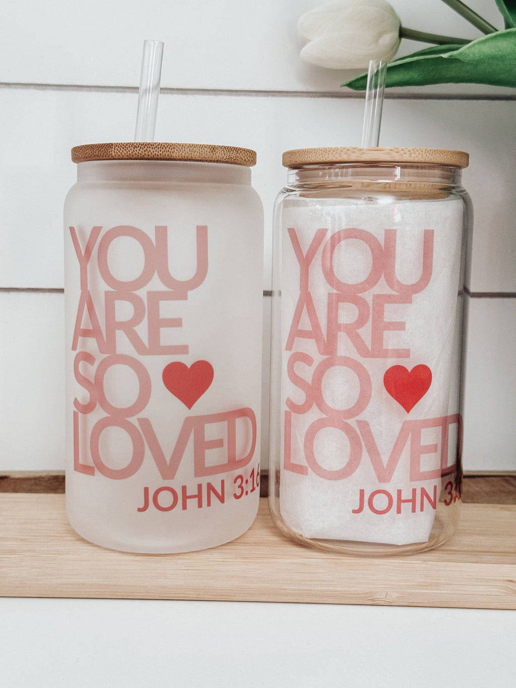 Valentine’s John 3:16 16oz Glass Cup with Bamboo Lid