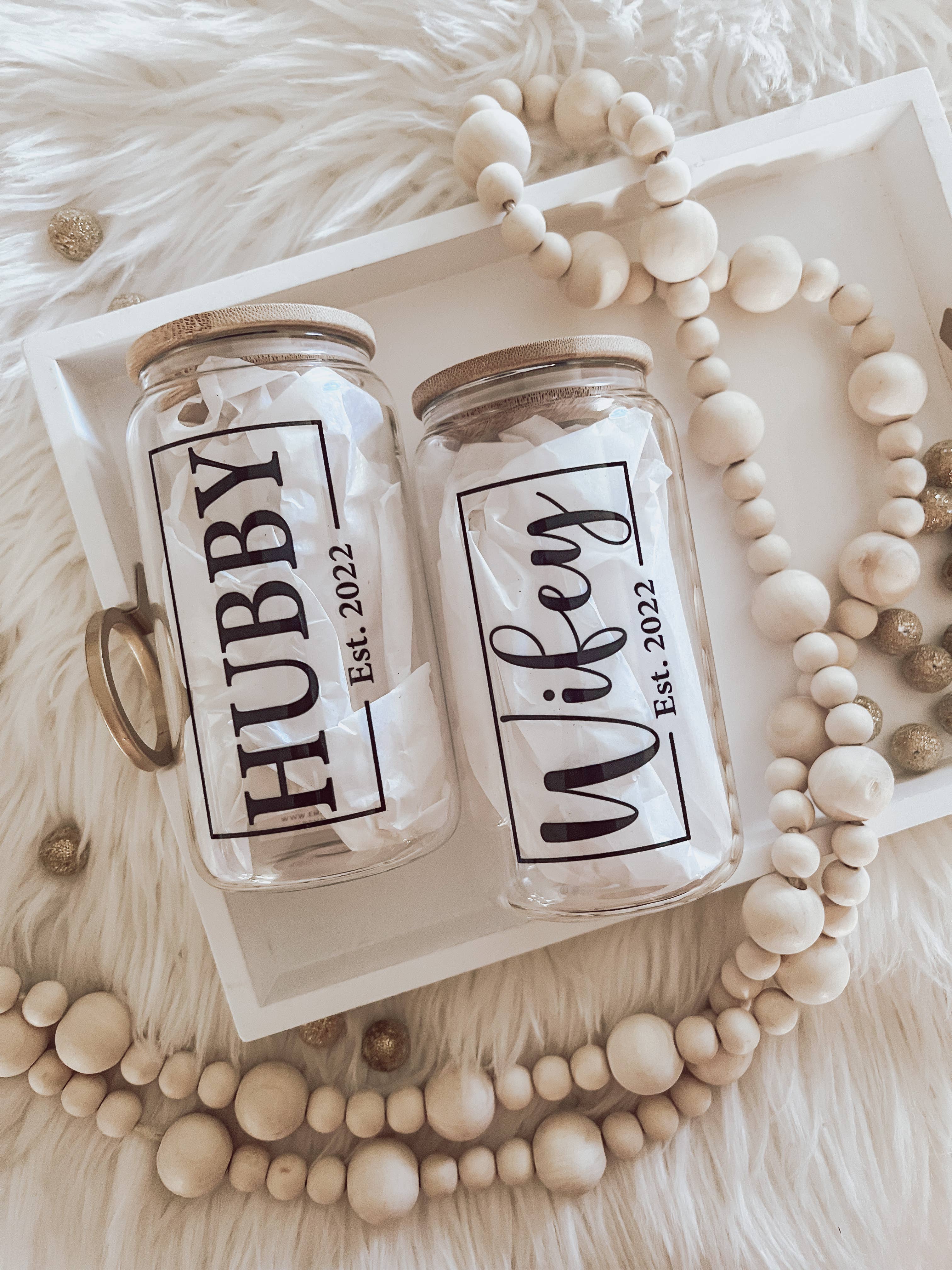 Wifey & Hubby 16oz Glass Cup with Bamboo Lid