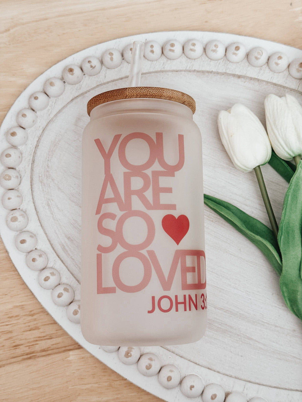 Valentine’s John 3:16 16oz Glass Cup with Bamboo Lid